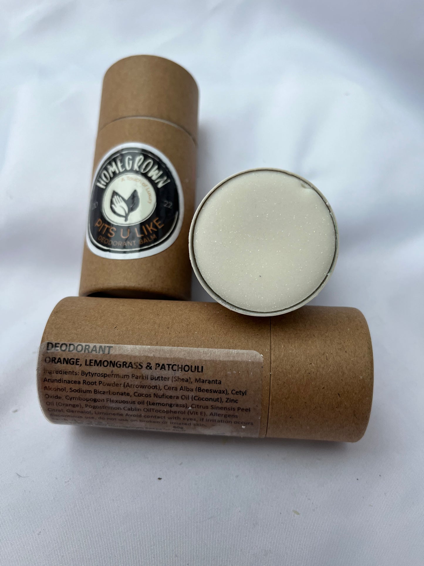 Deo - Lemongrass, Orange & Patchouli essential oils. Our handmade natural deodorant is crafted with Shea Butter and baking soda, providing long-lasting odour protection while being kind to your skin and the planet.