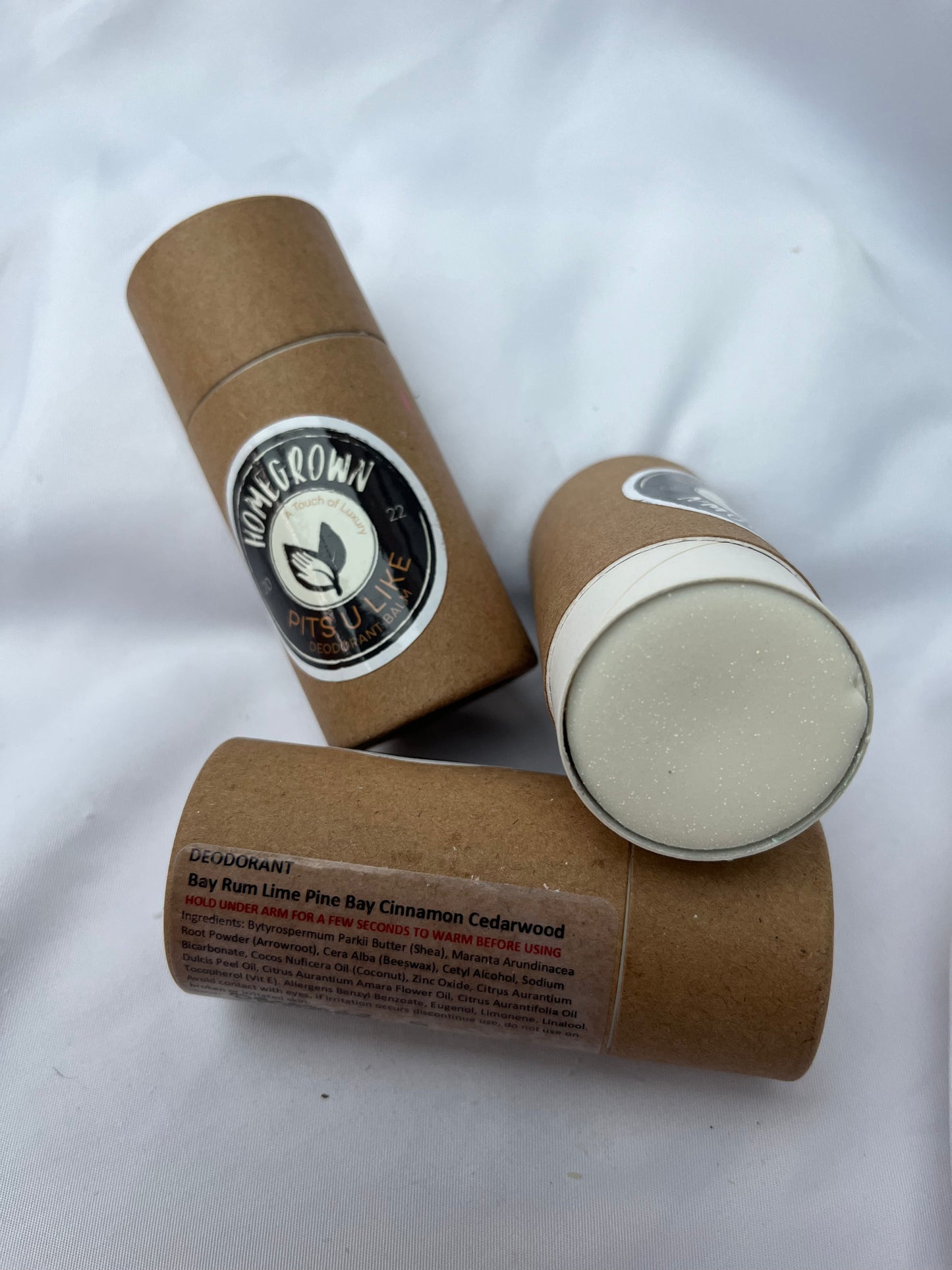 Deo - Lime, Pine, Bay, Cinnamon & Cedarwood. Our handmade natural deodorant is crafted with ingredients like Shea Butter and baking soda, providing long-lasting odour protection while being kind to your skin and the planet. Essential oils used